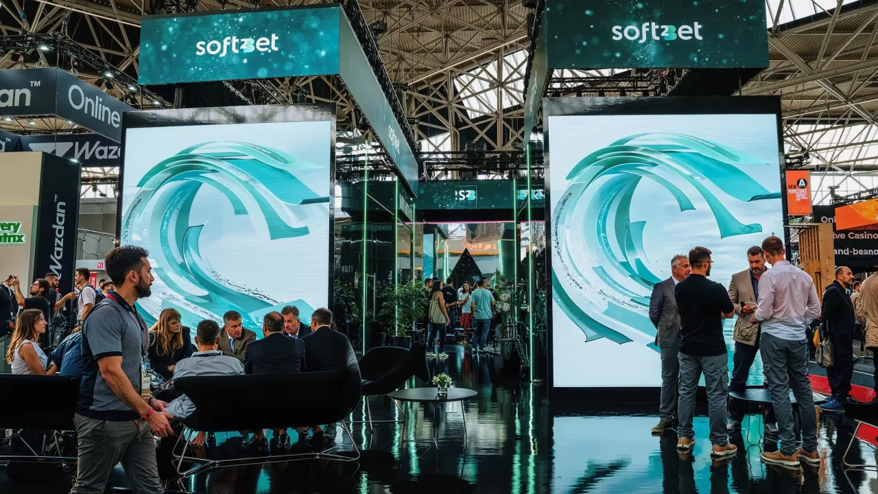 Soft2Bet monitoring and analytics screens at an industry expo