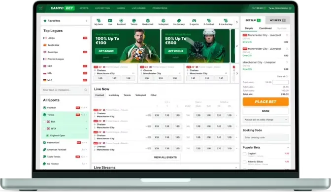 Sportsbook auf Basis der Soft2Bet-Plattform, dargestellt auf einem Laptop